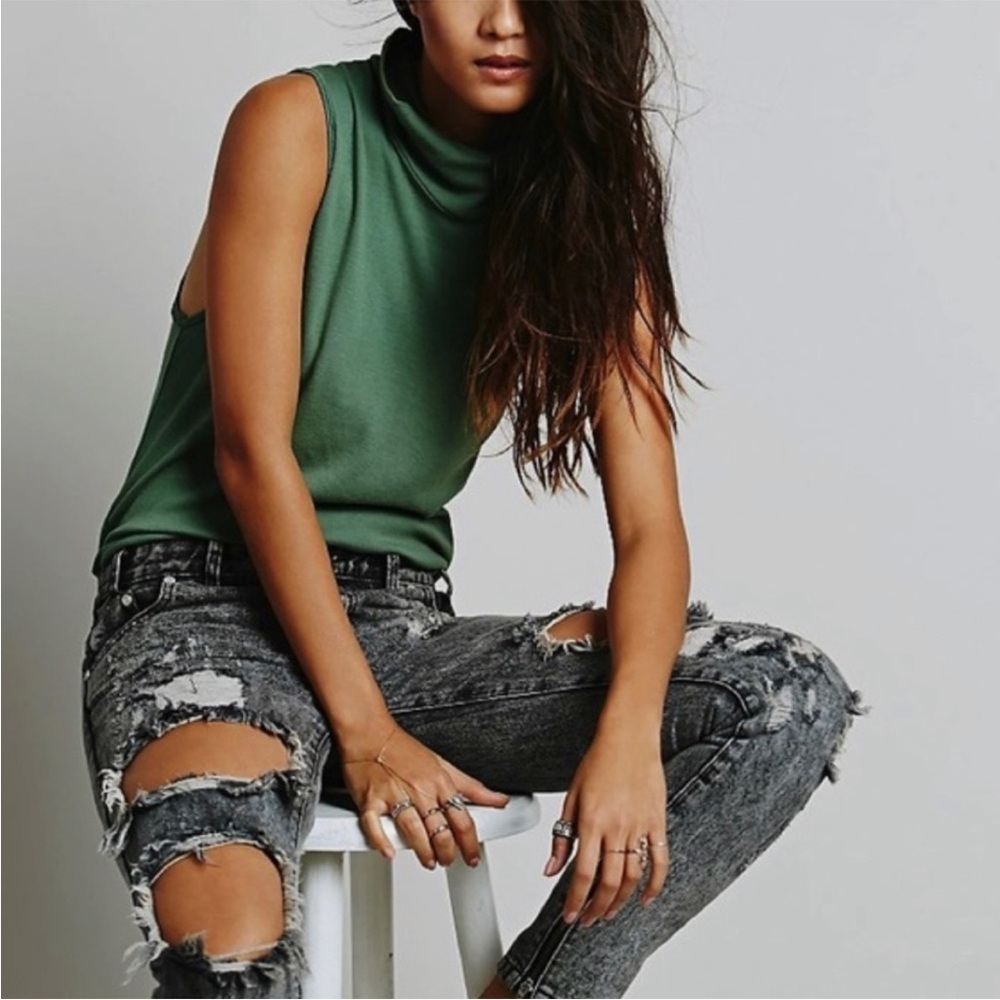 Free People Green Sleeveless Turtleneck Tank